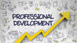 Graphic with yellow upward arrow and the words professional development.